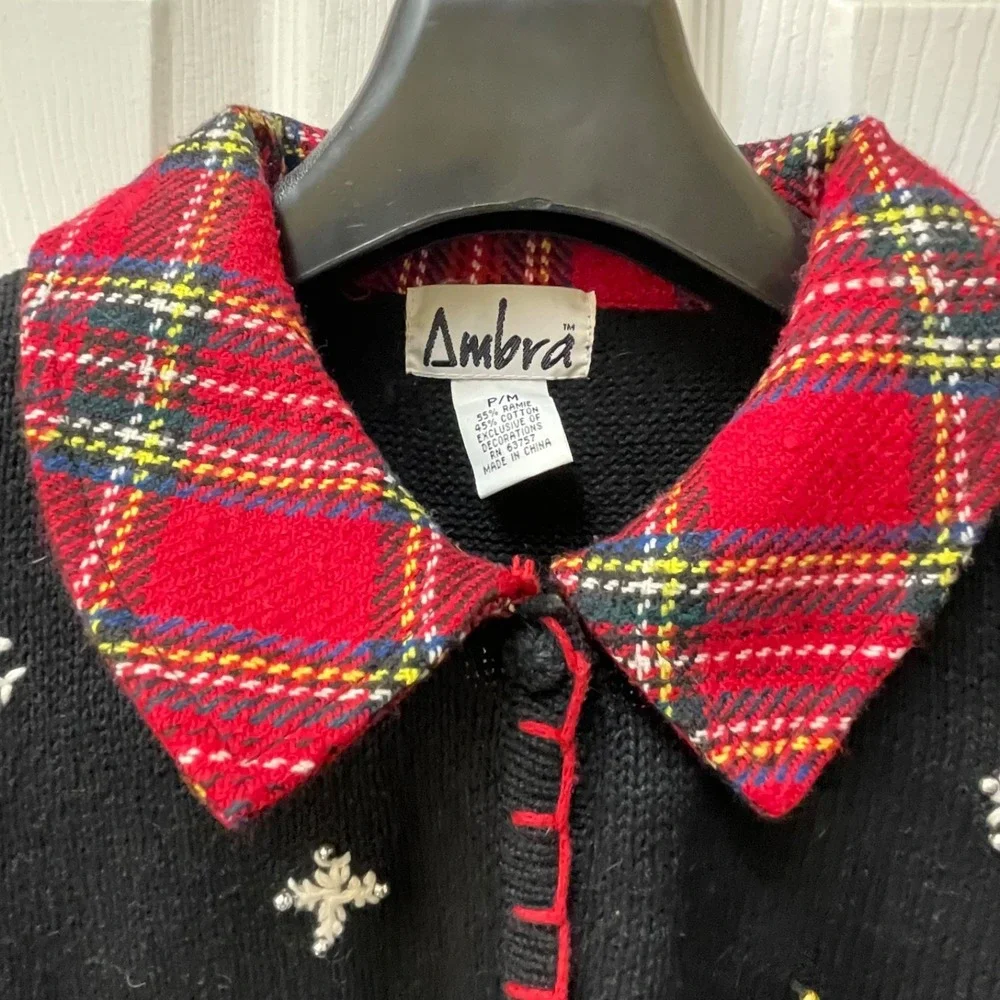 Vintage Ambria Women's Petite Med Cardigan Black Christmas Ugly‎ Sweater Beaded